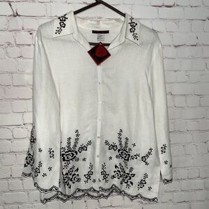 NWT Blaine Trump‎ Embroidered 100% Linen Button Up Shirt Women Size M White